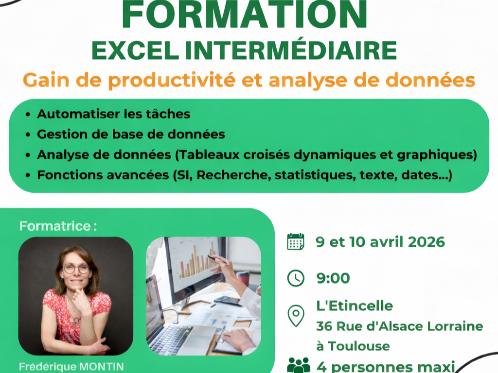 Excel Intermédiaire 9 Et 10 Avril La Souris Verte Formation Excel Formation excel intermédiaire toulouse 9 et 10 avril 2026 tutoriel excel'etincelle à toulouse.